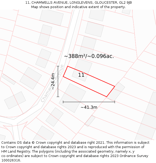 11, CHAMWELLS AVENUE, LONGLEVENS, GLOUCESTER, GL2 9JB: Plot and title map