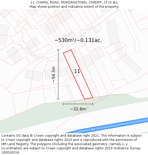 11, CHAPEL ROAD, MORGANSTOWN, CARDIFF, CF15 8LL: Plot and title map