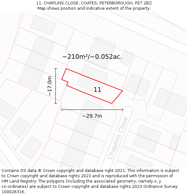 11, CHAPLINS CLOSE, COATES, PETERBOROUGH, PE7 2BZ: Plot and title map