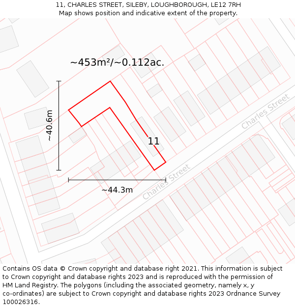 11, CHARLES STREET, SILEBY, LOUGHBOROUGH, LE12 7RH: Plot and title map