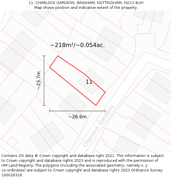 11, CHARLOCK GARDENS, BINGHAM, NOTTINGHAM, NG13 8UH: Plot and title map