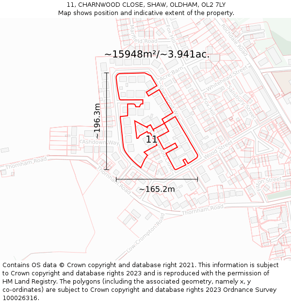 11, CHARNWOOD CLOSE, SHAW, OLDHAM, OL2 7LY: Plot and title map