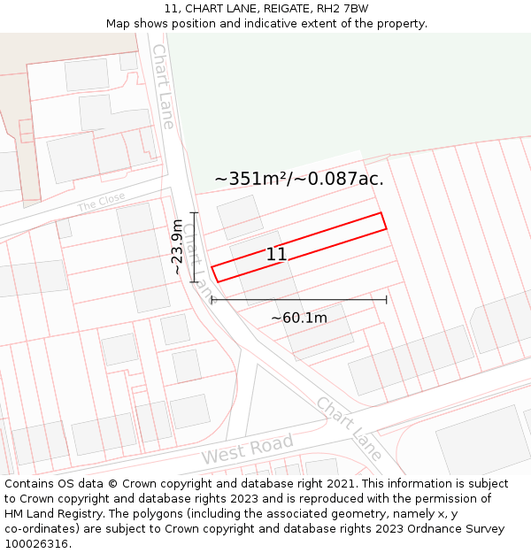 11, CHART LANE, REIGATE, RH2 7BW: Plot and title map