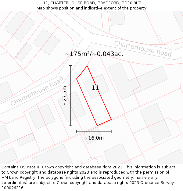 11, CHARTERHOUSE ROAD, BRADFORD, BD10 8LZ: Plot and title map