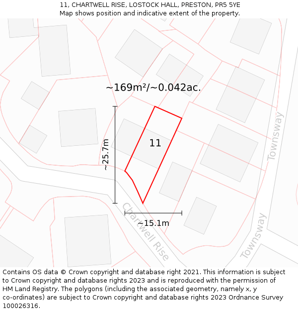 11, CHARTWELL RISE, LOSTOCK HALL, PRESTON, PR5 5YE: Plot and title map