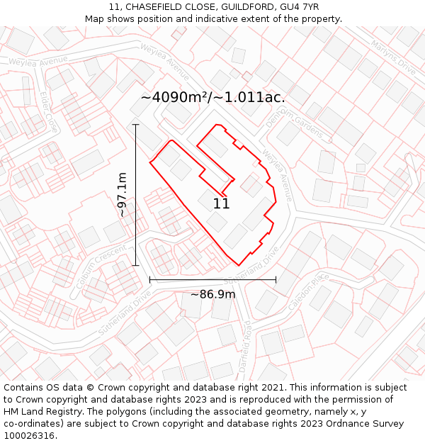 11, CHASEFIELD CLOSE, GUILDFORD, GU4 7YR: Plot and title map