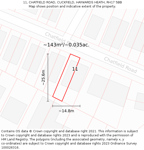 11, CHATFIELD ROAD, CUCKFIELD, HAYWARDS HEATH, RH17 5BB: Plot and title map