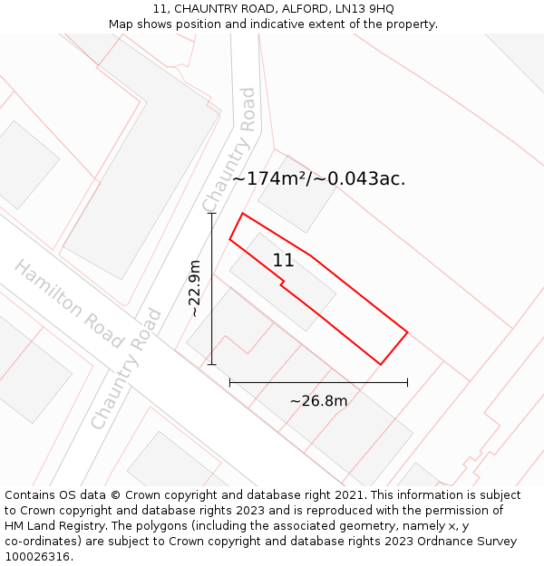 11, CHAUNTRY ROAD, ALFORD, LN13 9HQ: Plot and title map