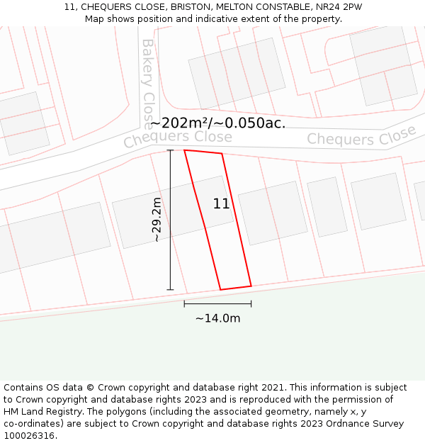 11, CHEQUERS CLOSE, BRISTON, MELTON CONSTABLE, NR24 2PW: Plot and title map