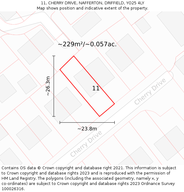 11, CHERRY DRIVE, NAFFERTON, DRIFFIELD, YO25 4LY: Plot and title map