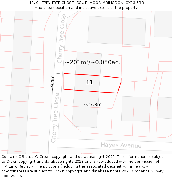 11, CHERRY TREE CLOSE, SOUTHMOOR, ABINGDON, OX13 5BB: Plot and title map