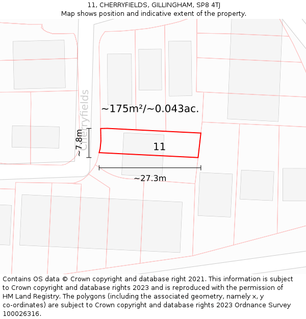 11, CHERRYFIELDS, GILLINGHAM, SP8 4TJ: Plot and title map