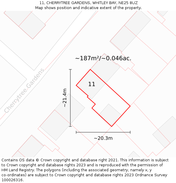 11, CHERRYTREE GARDENS, WHITLEY BAY, NE25 8UZ: Plot and title map