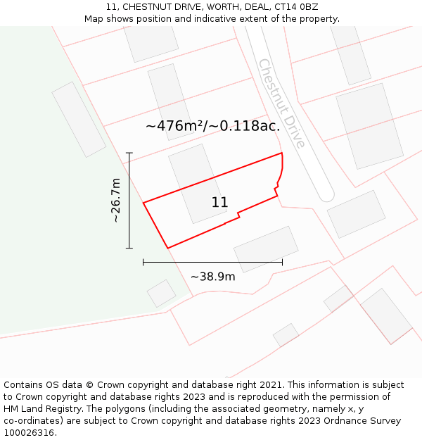 11, CHESTNUT DRIVE, WORTH, DEAL, CT14 0BZ: Plot and title map