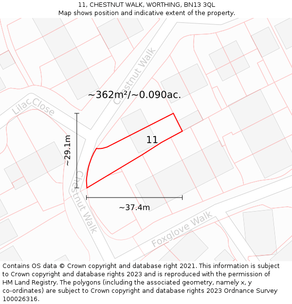 11, CHESTNUT WALK, WORTHING, BN13 3QL: Plot and title map