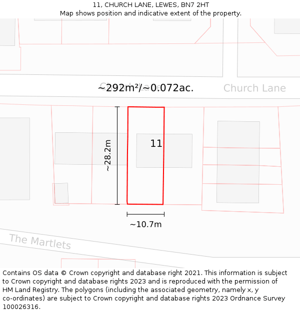 11, CHURCH LANE, LEWES, BN7 2HT: Plot and title map