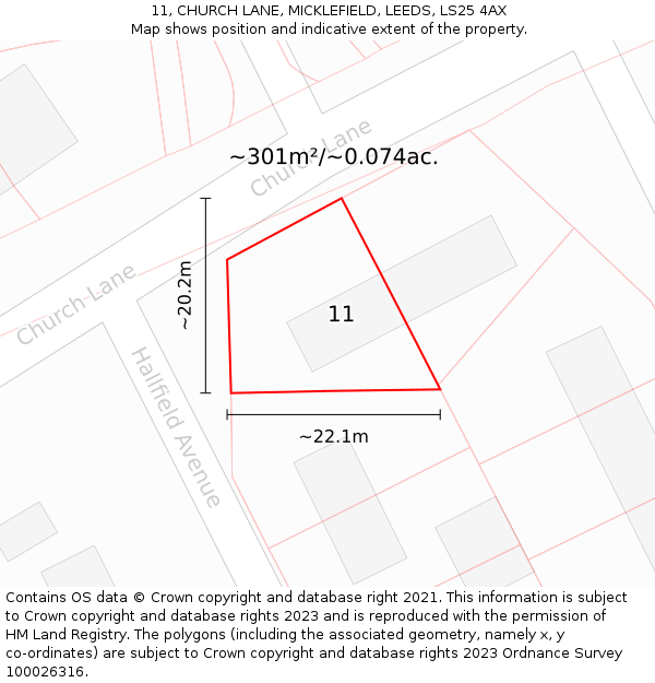 11, CHURCH LANE, MICKLEFIELD, LEEDS, LS25 4AX: Plot and title map