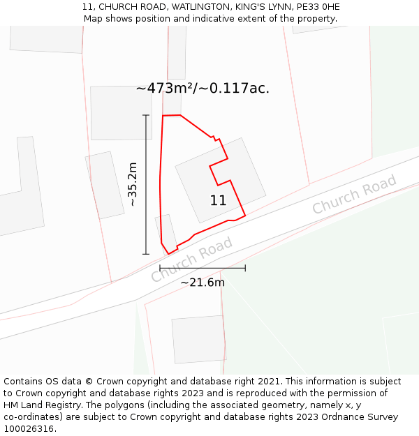 11, CHURCH ROAD, WATLINGTON, KING'S LYNN, PE33 0HE: Plot and title map