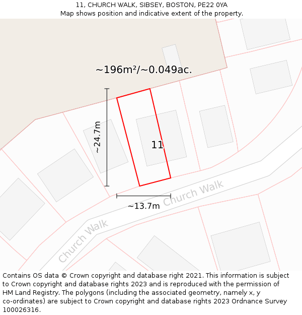 11, CHURCH WALK, SIBSEY, BOSTON, PE22 0YA: Plot and title map