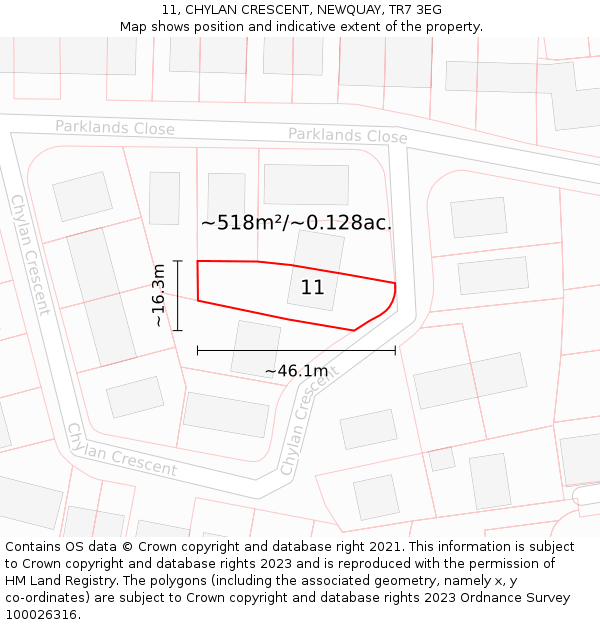 11, CHYLAN CRESCENT, NEWQUAY, TR7 3EG: Plot and title map