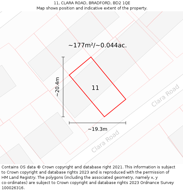 11, CLARA ROAD, BRADFORD, BD2 1QE: Plot and title map