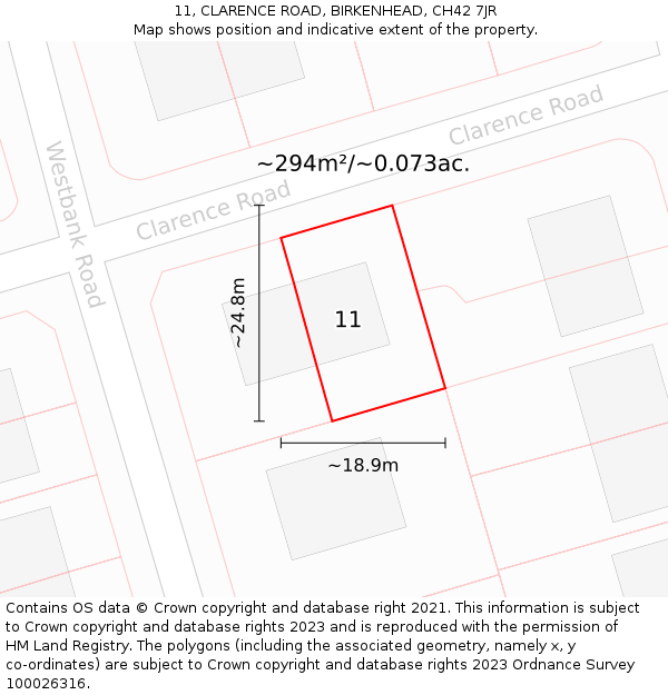 11, CLARENCE ROAD, BIRKENHEAD, CH42 7JR: Plot and title map