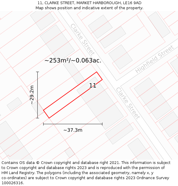 11, CLARKE STREET, MARKET HARBOROUGH, LE16 9AD: Plot and title map