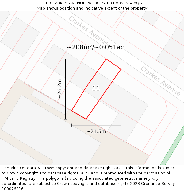 11, CLARKES AVENUE, WORCESTER PARK, KT4 8QA: Plot and title map