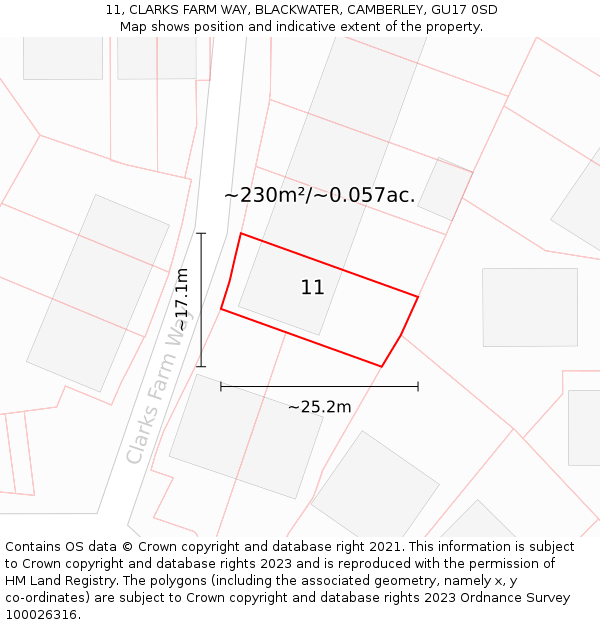 11, CLARKS FARM WAY, BLACKWATER, CAMBERLEY, GU17 0SD: Plot and title map