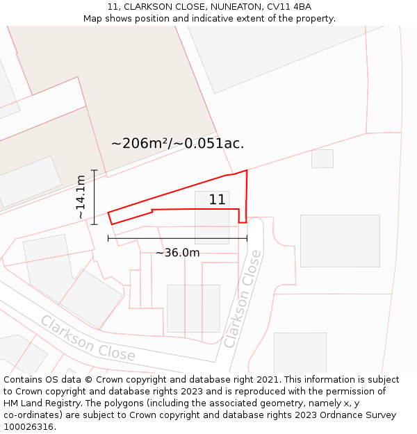 11, CLARKSON CLOSE, NUNEATON, CV11 4BA: Plot and title map