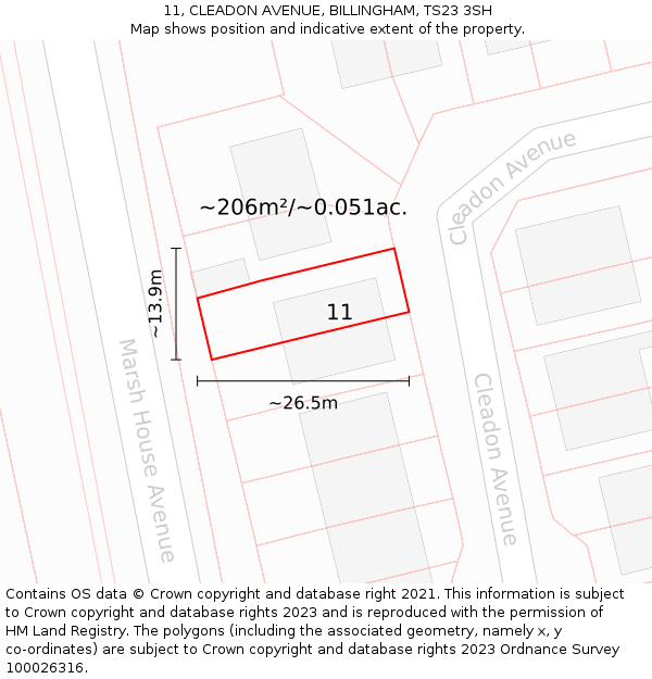 11, CLEADON AVENUE, BILLINGHAM, TS23 3SH: Plot and title map