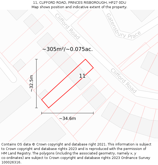 11, CLIFFORD ROAD, PRINCES RISBOROUGH, HP27 0DU: Plot and title map