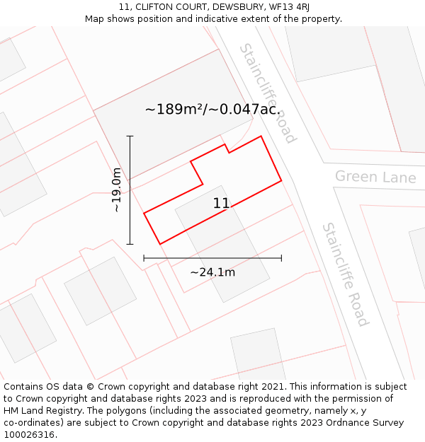 11, CLIFTON COURT, DEWSBURY, WF13 4RJ: Plot and title map