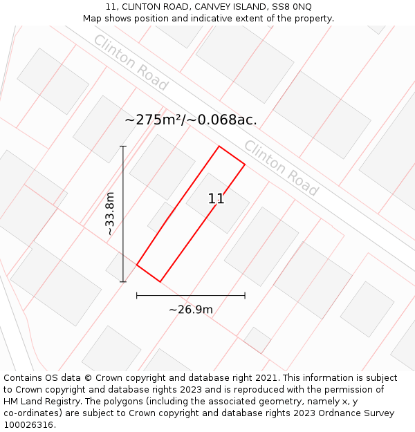 11, CLINTON ROAD, CANVEY ISLAND, SS8 0NQ: Plot and title map