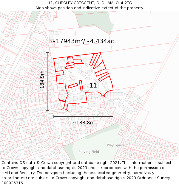 11, CLIPSLEY CRESCENT, OLDHAM, OL4 2TG: Plot and title map