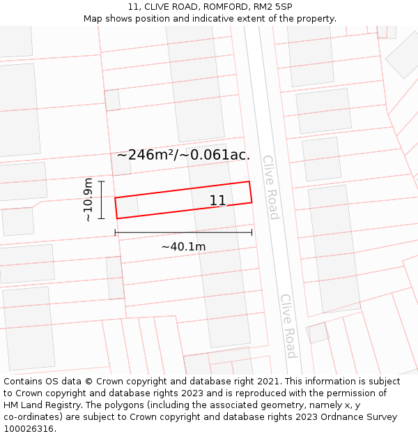 11, CLIVE ROAD, ROMFORD, RM2 5SP: Plot and title map