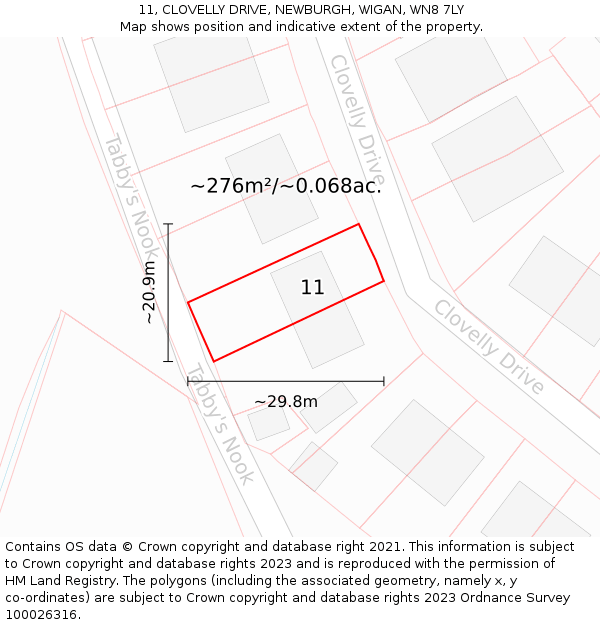 11, CLOVELLY DRIVE, NEWBURGH, WIGAN, WN8 7LY: Plot and title map