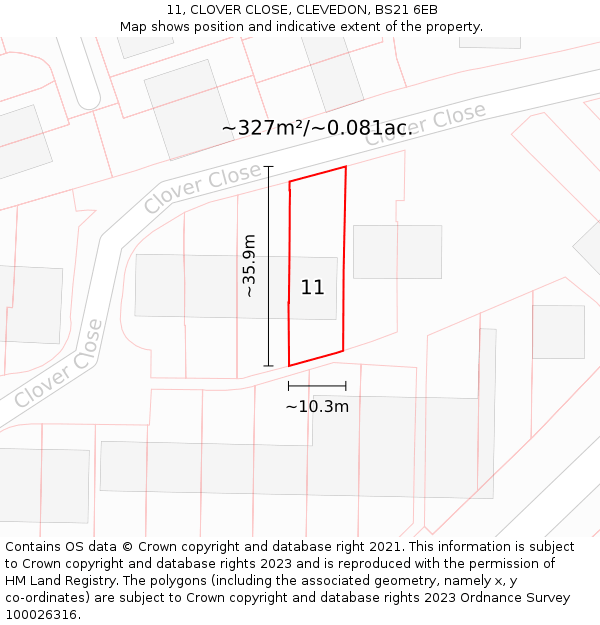 11, CLOVER CLOSE, CLEVEDON, BS21 6EB: Plot and title map