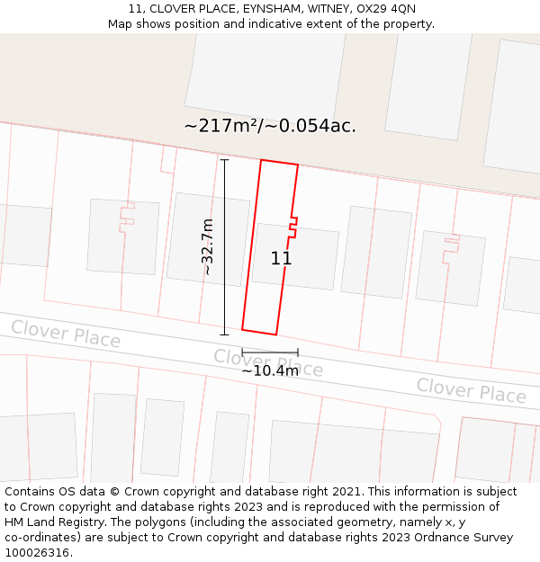 11, CLOVER PLACE, EYNSHAM, WITNEY, OX29 4QN: Plot and title map