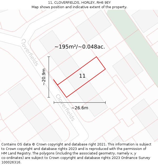 11, CLOVERFIELDS, HORLEY, RH6 9EY: Plot and title map