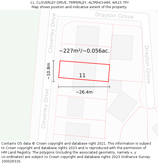11, CLOVERLEY DRIVE, TIMPERLEY, ALTRINCHAM, WA15 7PY: Plot and title map