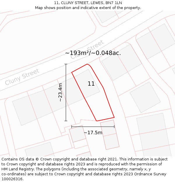 11, CLUNY STREET, LEWES, BN7 1LN: Plot and title map