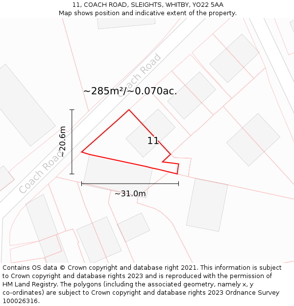 11, COACH ROAD, SLEIGHTS, WHITBY, YO22 5AA: Plot and title map