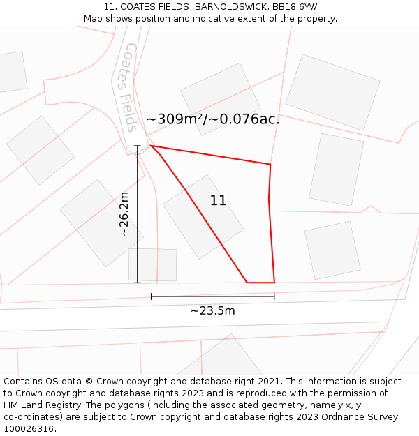 11, COATES FIELDS, BARNOLDSWICK, BB18 6YW: Plot and title map