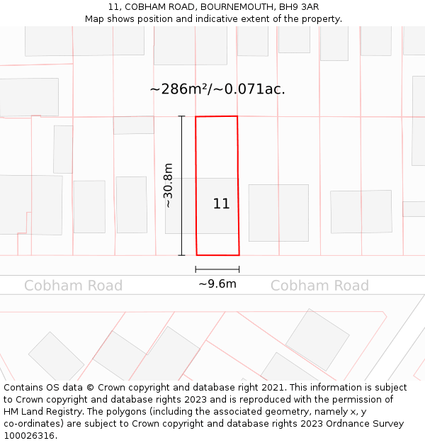 11, COBHAM ROAD, BOURNEMOUTH, BH9 3AR: Plot and title map