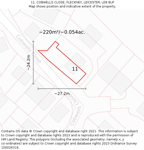 11, COBWELLS CLOSE, FLECKNEY, LEICESTER, LE8 8UF: Plot and title map
