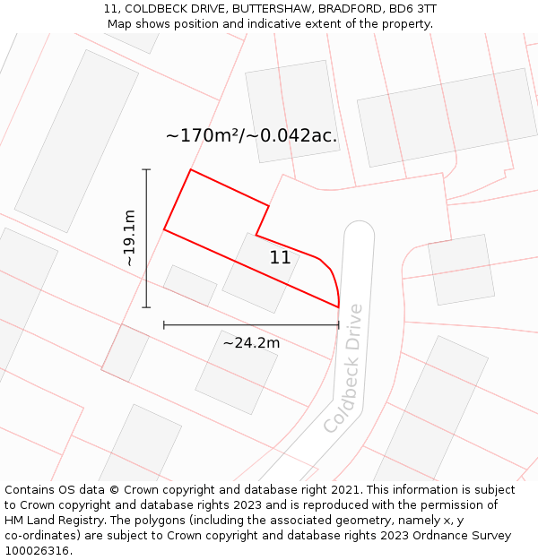 11, COLDBECK DRIVE, BUTTERSHAW, BRADFORD, BD6 3TT: Plot and title map