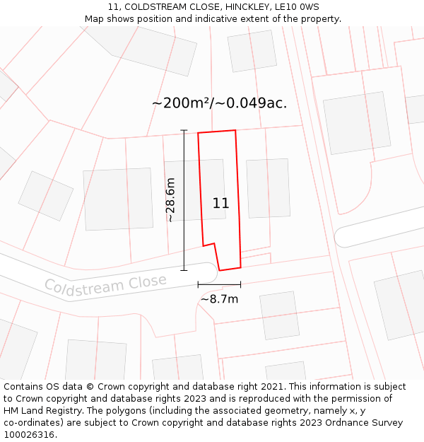 11, COLDSTREAM CLOSE, HINCKLEY, LE10 0WS: Plot and title map