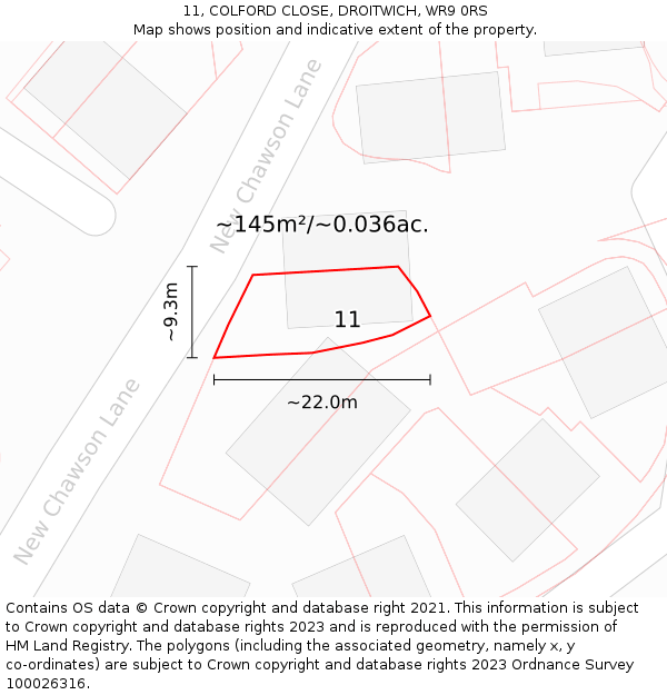 11, COLFORD CLOSE, DROITWICH, WR9 0RS: Plot and title map