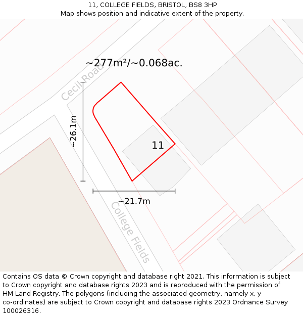 11, COLLEGE FIELDS, BRISTOL, BS8 3HP: Plot and title map